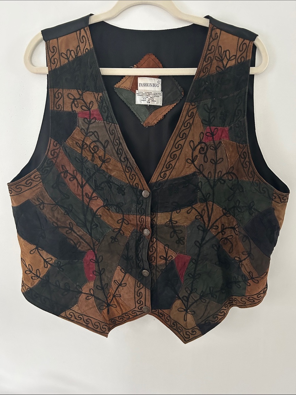 VTG Fashion Bug Patchwork Leather Vest Embroidered Floral Eclectic Grandma Y2K